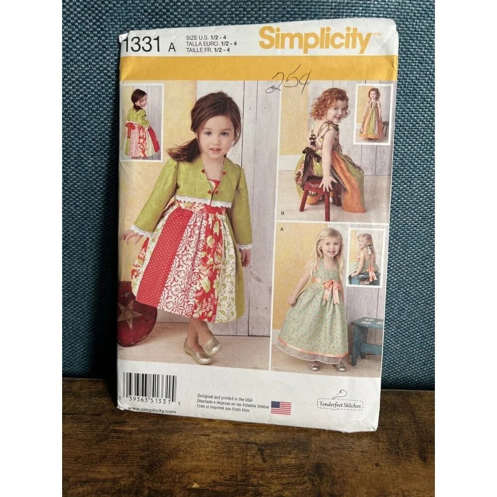Uncut Simplicity Pattern #1331 Toddlers Holiday Long Dress with Bolero Sz 1/2-4